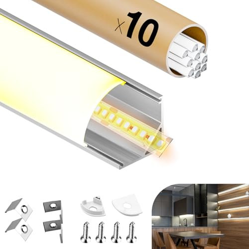 GEEKLUX LED Eckprofil 10 × 1M, LED Profil für Den Innenbereich 15.8 × 15.8mm, LED Aluminium Profil V-Form, Mit Milchig Weißem LED Diffusor, LED Kanal für LED Streifen, LED Strips Bis 10mm