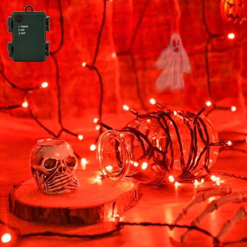 Isisyu Halloween Lights Outdoor, 3M 30LED Red Fairy Lights Battery Operated with 6-Hour Timer, Green Wire IP65 Waterproof Halloween Decoration Lighting for Christmas, Party, Holiday, Hallo