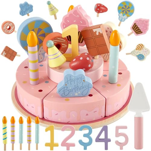 LINFUN KIDS Geburtstagskuchen Holz KinderKüche Doppelschicht zum Schneiden, Kinderküche Geburtstagstorte Holzspielzeug Kuchen, Teeservice Rollenspiele Geschenke ab 3 4 5 Jahr