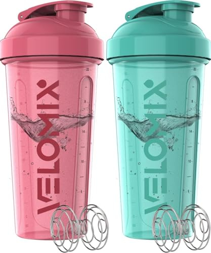 VELOMIX -2 Pack- 28 oz Protein Shaker Bottles for Protein Mixes - 2x Wire Whisk | Leak Proof Shaker Cups for Protein Shakes | Protein Shaker Bottle Pack (Pink/Turquoise)