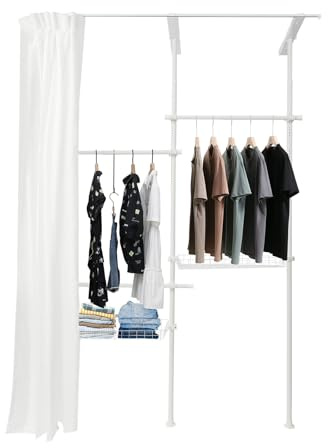 KANBCNG Offener Kleiderschrank, Einstellbar Begehbarer Kleiderschrank System Open Wardrobe Mit 3 Horizontalen Kleiderstangen Und 2 Maschennetzkörben Für Darunter Holzdecken (Weiß)