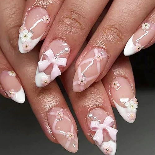 24pcs French Tip Press-On Nails - Almond 3D Floral Design, Elegant Stick-On, Natural Fit, No Glue, Full Cover Short Artificial Nails for Women