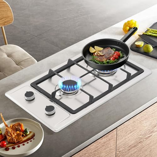 Gaskochfeld 2 Flammig Edelstahl Gaskocher für Gasflasche Einbau oder freistehend Gasherd für Jedes Kochgeschirr Geeignet für Camping, Zuhause & Wohnmobil, LPG/Erdgas (Silber)