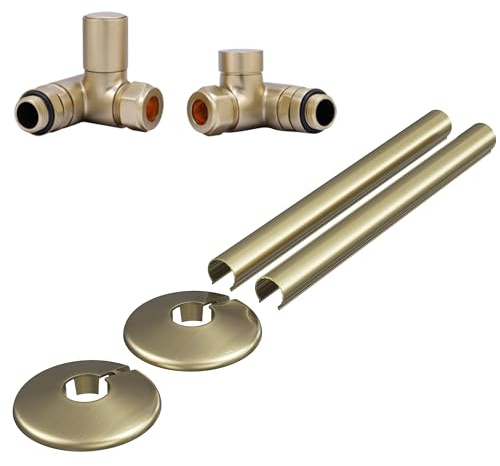 Dual Fuel Manual Radiator Valve Brushed Brass Corner - 1/2 x 15mm with Clip-on Pipe Covers and Collars