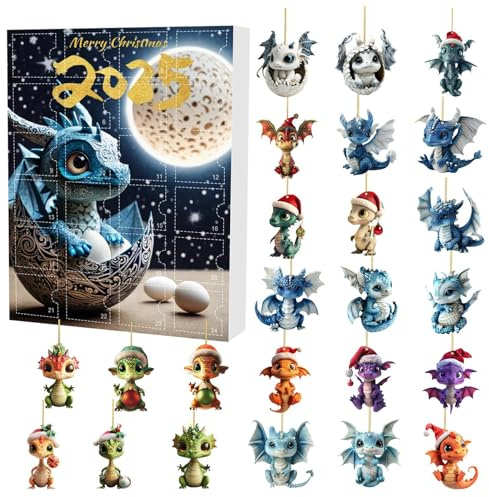 Weihnachts Adventskalender, Weihnachtsbaum Dinosaurier Anhängers, 24pcs 2D-Acryl-Drachen-Anhängers, Weihnachtsbaumschmuck, Countdown kalender 2025