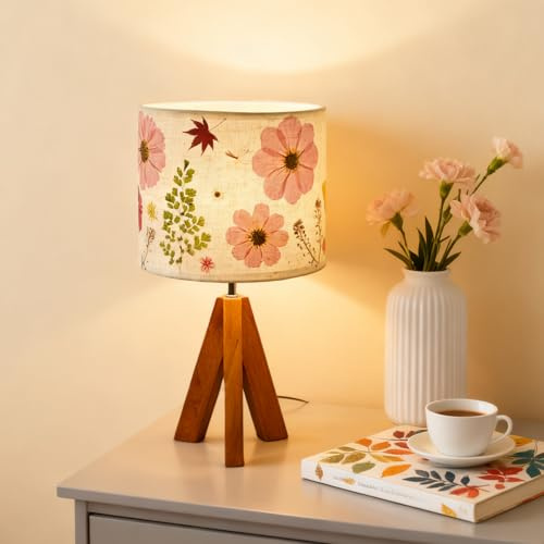 Floresita Dried Flowers Tripod Table Lamp 14.56in, 9W LED 3-Color Cute Bedside Lamp with Flowers Linen Lampshade for Nursery, Bedroom, Kid Room, Living Room, Light Brown Wooden Base