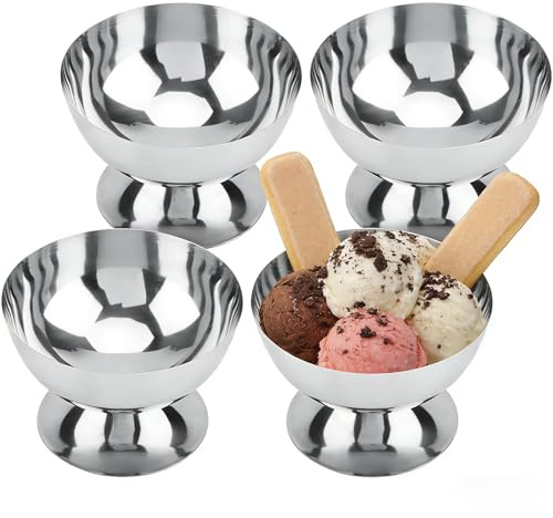 YuLiMirich 4er Set Edelstahl Eisbecher - Ø 10cm - 200ml Vintage Edelstahl Dessertschale, Cocktail Gläser mit Fuß, Ice Cream Sundae Dessertgläser für Obst Salat Joghurt und Fruchtpudding für Partys