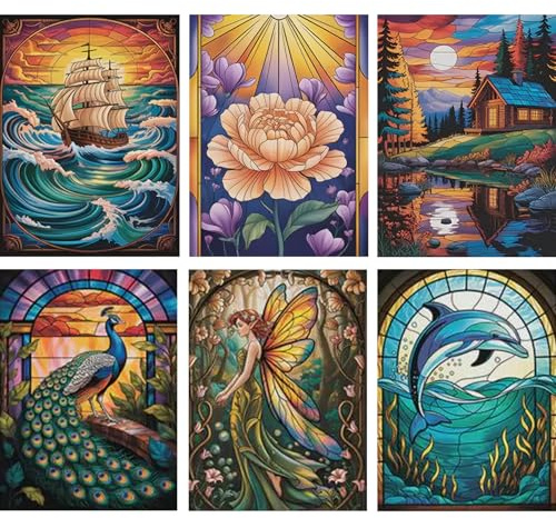 Jawecci 6 Pack Buntglas Diamond Painting Erwachsene, 5D Diamant Painting Landschaft und Tiere Anfänger, DIY Diamant Malerei Kinder für Home Dekor 30x40cm