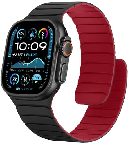 Sixmoat Correa de Silicona Magnética Compatible con Apple Watch 49mm 46mm 45mm 44mm 42mm, Cómoda Pulsera Deportiva Resistente al agua para Ultra 3 2 1 SE Series 11 10 9 8 7 6 5 4 3, Negro-Rojo