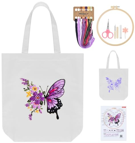 ERKOON Canvas Tote Bag Stickset, DIY Canvas Tasche Stickerei Kit für Anfänger Erwachsene mit Muster, Werkzeug und Anleitung, Für Alltag, Pendeln zur Arbeit, Schulbesuch, Einkaufen(Schmetterling)