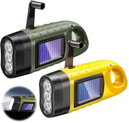 DUSEKI 2Pcs Wind Up Torch Solar Energy Rechargeable Torch Super Bright Emergency Flashlight Hand Crank Survival Emergency Flashlight with Carabiner Hook for Hiking Climbing Camping(Yellow, Green)