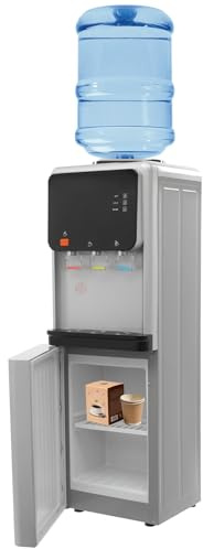 TONFEION Elektrischer Wasserspender Bodenstehender, 10-95℃ Kalt & Heiß Doppelfunktion, mit Aufbewahrungsschrank, Top Loading, Kompatibel mit 19L Eimer Wasser