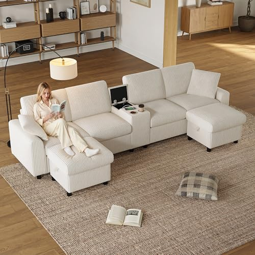 BTM Corduroy U shaped Modular Sofa with Storage Ottomans, Charging Ports & Cup holders, Sectional Sofa for Living Room Beige