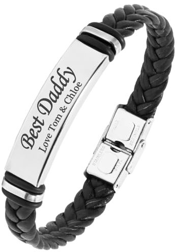 TMT Personalised Black Men's Leather Bracelet Adjustable Size for Dad ID Identity Birthday Gift Name Engraved | Best Men Boyfriend