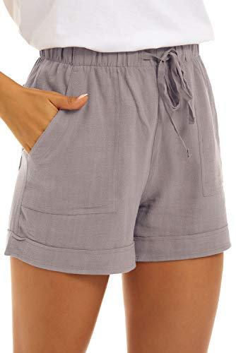 FANGJIN Womens Solid Colour Shorts Loose Casual Pants with Pocket Ladies Cotton Shorts Grey S