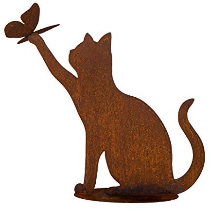 itsisa Rost Katze mit Schmetterling (Katze mit Schmetterling auf Pfote) - Dekofigur, Rostfigur, Garten Deko