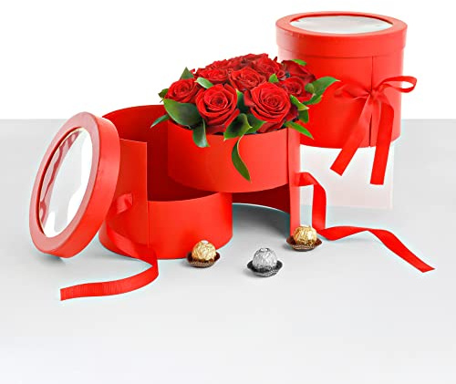 UNIKPACKAGING Hochwertiger runder Blumenkasten, 2 Ebenen, Größe 7,8 cm Durchmesser x 17,8 cm, für luxuriöse Blumenarrangements (rot)