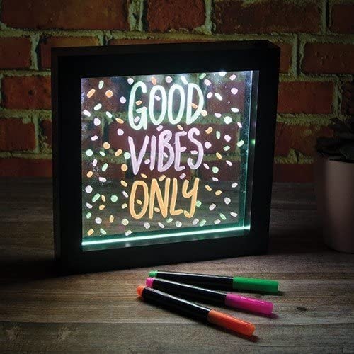 Neon Light Effect Message Frame. Includes 3 Coloured Pens to Write Your Message - Pink, Green & Orange. Wall Mountable. Wipe Clean. Battery Powered. Notice Board LED Sign