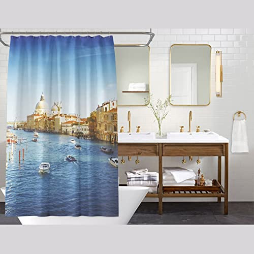 Musihy Duschrollo 120 cm Breit, Duschvorhänge Waschbar Blau See und Gebäude Duschvorhang Extra Lang