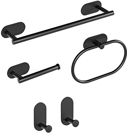 Eucomir 5 Pezzi Set Accessori Bagno, Acciaio Inossidabile Porta Asciugamani, Porta Carta Igienica, Anello Portasciugamani, Gancio Per Accappatoio, Accessori Completo(Nero)