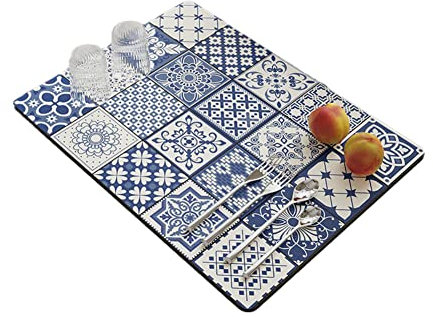 Morbuy Kaffeemaschine Abtropfmatte für Geschirr, Barocker Fliese Stil Silikon Küche Matte, Schnelltrocknend Saugfähig Trockenmatte, rutschfest Untersetzer für, Café, Spüle und Bad (40x50cm,Blau 2)