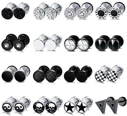 FIBO STEEL 16 Pairs Fake Gauge Earrings for Men Women Stainless Steel Stud Earrings Cheater Fake Ear Plugs Faux Gauges Earrings Ear Tunnel