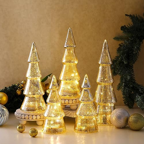Retisee Set di 5 alberi di Natale in vetro a LED con luci a batteria, 7,5 cm, da tavolo, in vetro, decorazioni coniche per albero di Natale, statuette per feste, decorazione da tavolo, centrotavola
