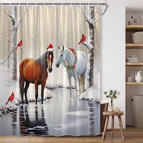BCNEW Winter Pferd Duschvorhang Weiß Braun Pferde mit Weihnachtskranz Hut Wald Birke Baum Schwerer Schnee See Polyester Stoff Badezimmer Dekor 178 x 178 cm mit Haken