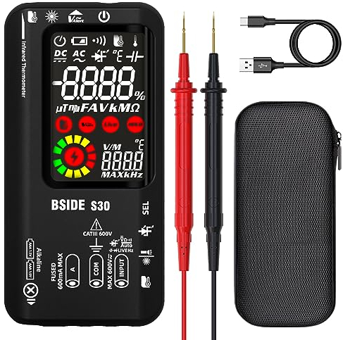 BSIDE Multimetro Digitale Intelligente a Doppia Alimentazione Tester Elettricista con Termometro IR 9999 Conteggi Tester Diodi Luci LED Capacità Voltmetro Amperometro per LED Automotive Elettronica