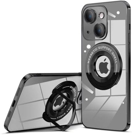 QLTYPRI Magnetic Clear Case for iPhone 15 Case Compatible with MagSafe, Invisible Ring Holder Stand, Camera Lens Full Protection, Slim Silicone Shockproof Phone Case Cover for iPhone 15 – Black