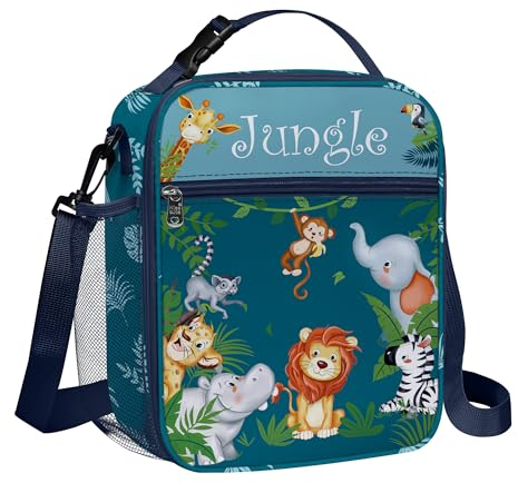 Clastyle Bolsa Termica Porta Alimentos Bebe Azul Animales, Bolsa Almuerzo Infantil Elefante Cebra Reutilizables con Correa, Bolsa Comida Niño Niña para Viaje Picnic Guarderia