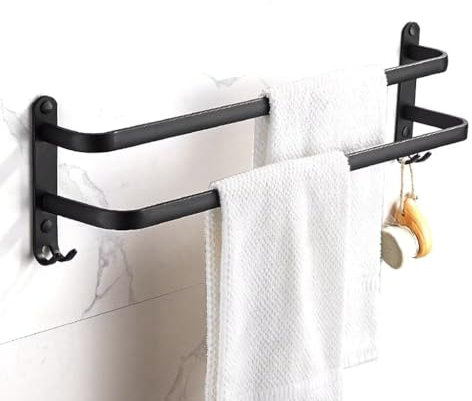 nvdsivee Porte-Serviettes Mural en Aluminium Porte Barres Serviette Moderne Simple avec 2 Crochets Étagères à Serviettes pour Salle de Bain Cuisine Toilettes Hôtel Noir Mat 2 Couches 40cm