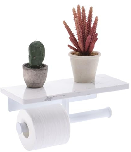 sourcing map Toilet Paper Holder with Marble Shelf, SUS304 Stainless Steel Wall Mounted Toilet Paper Holder Tissue Roll Holder for Bathroom Washroom（Black)(White Double)