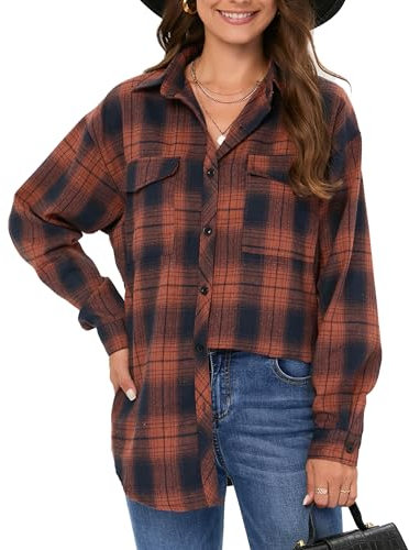 Timuspo Chemise en flanelle pour femme à carreaux à manches longues - Grande taille - Tunique surdimensionnée - Tenue Oktoberfest - Orange XXL
