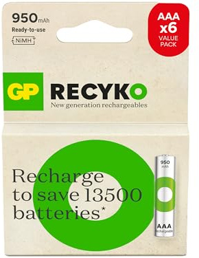 GP Batteries ReCyko 950mAh AAA Slim Pen Ni-Mh Rechargeable Battery, 1.2 Volt, Card 6