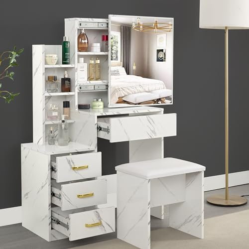 Dressing Table with Mirror and Stool, Makeup Vanity Table, 4 Drawer 3 Shelves Storage Unit Cosmetic Bedroom Dresser Make Up Desk Stool for Living Room, Bedroom Furniture, 80W x 36D x130H cm