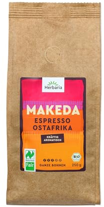 Herbaria MAKEDA Bio Espresso ganze Bohnen 250g – Naturland Fair zertifiziert aus Ostafrika – Röstaromen mit Kakao- & Eichenholz-Noten – Bio Kaffeebohnen perfekt für Siebträger und Kaffeevollautomaten