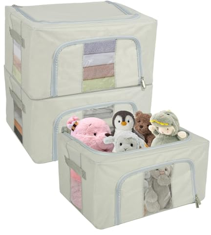 W&H 3 Stück Aufbewahrungstasche mit Metallrahmen, 24L Faltbare Kleideraufbewahrung Box mit ReißVerschluss, Kleiderboxen Aufbewahrung für Kleidung, Laken und BettwäSche Aufbewahrt Werden (40x30x20)