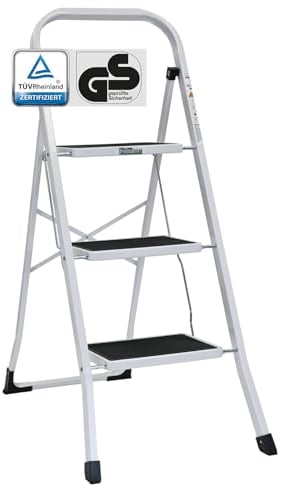 TRUTZHOLM Trittleiter 2 oder 3 Stufen klappbar TÜV/GS Zertifiziert 150 kg Klappleiter Anti-Rutsch Trittflächen & Sicherheitsverriegelung Klapptritt Haushaltstritt Stahl Leiter (Weiß, 3 Stufen)