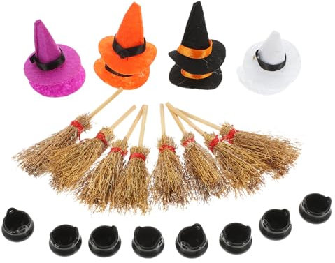 Cabilock Tiny Witch Hat Broom Set Mini Cauldron Decor 24pcs Miniature Witch Costumes for Dollhouses