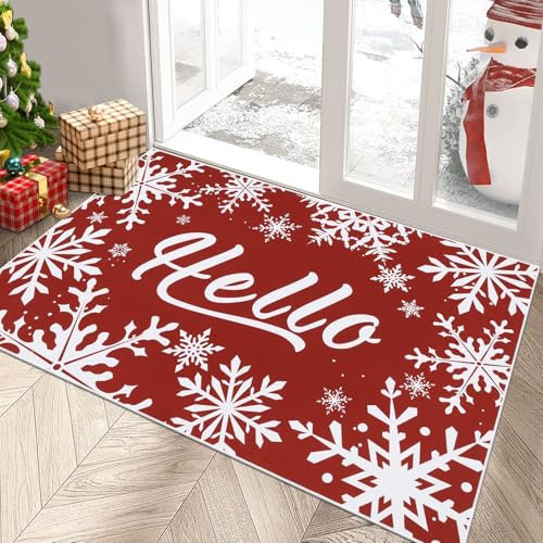 Enyhom Large Christmas Decorative Doormat, 80 x 120 cm Non Slip Thin Front Door Area Rug Welcome Xmas Winter Snow Floor Carpet For Front Back Door Entryway Hallway Outdoor