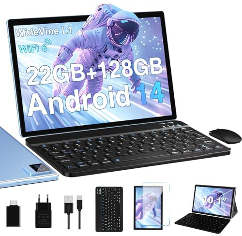 BIEGEDY Tablet Android 14 Tablet 10 Pulgadas, 22GB RAM + 128GB ROM (TF 1TB), 5G+2.4G Dual Band WiFi 6, Widevine L1 / 8000mAh / Octa-Core 2.0 GHz/GMS / 5MP+8MP / BT5.0 / GPS, con Teclado y Raton Azul
