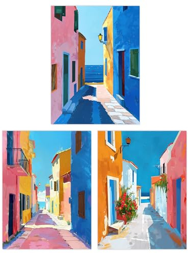 Wee Blue Coo Set of 3 Prints Colourful Village Sea Greek Spanish Living Room Poster Wall Art A4