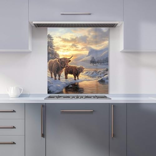Premium Highland Cows By The Lake Kitchen Splashback 6mm Toughened Glass Kitchen Splashback – Heat Resistant Splashback for Kitchens, Perfect for Cookers and Hobs, Polished Edges