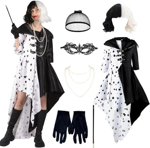 Kitimi Cruella Devil Kostüm Damen, Damen Faschingskostüme mit Kleid, Perücke, Halskette, Maske, Cosplay Halter, Haarnetz, schwarze Handschuhe für Karneval Halloween Cosplay Party