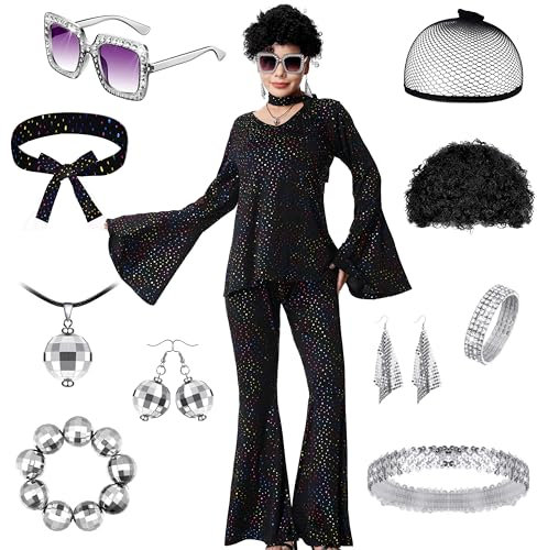 Aragallant Disco Kostüm Damen, 60er 70er Jahre Outfit Damen Disco, Hippie Disco Outfit mit Perücke Halskette Armband Ohrringe Stirnband für Karneval Party Night Fever Kostüm (L, 160-165cm)