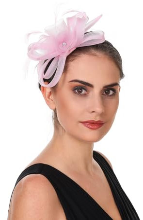 Haoijng Chapeau bibi pour femme pour cocktail, thé, fête, bandeau à fleurs en maille avec ruban et plumes, B5 - Rose, M