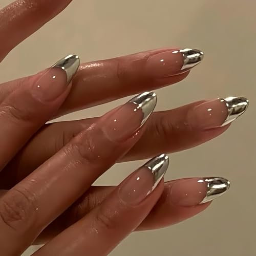 Chrome Sliver French Tip False Nails Almond, SXVME Chrome Press On Nails Short, Glazed French Tip Fake Nails Press on, Glitter Acrylic Nails Medium, Natural Nude Stick on Nails for Women Daily Wearr