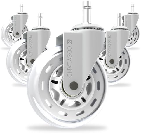 COSYLAND Set 5 Ruote Sedia Ufficio – Compatibili con 1-KEA 10x22mm – Ruote per Sedia Ufficio in Gomma Silenziose – Rotelle Sedia Ufficio per Pavimenti, Carico Fino a 300KG(Bianco)