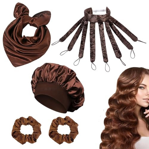 5 Pack Heatless Hair Curlers Set for Women, Heatless Curlers, Octopus Style Overnight Curling Rods for All Hair Types (Short/Long/Thick/Thin), Satin No-Heat Curlers with Accessories (Brown)